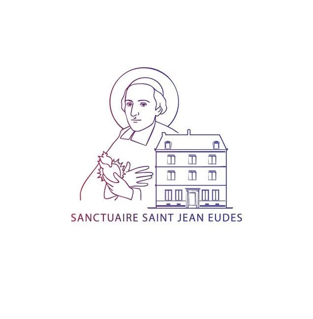 Emblem of the Saint John Eudes Shrine: the saint, a heart, and the house in Caen